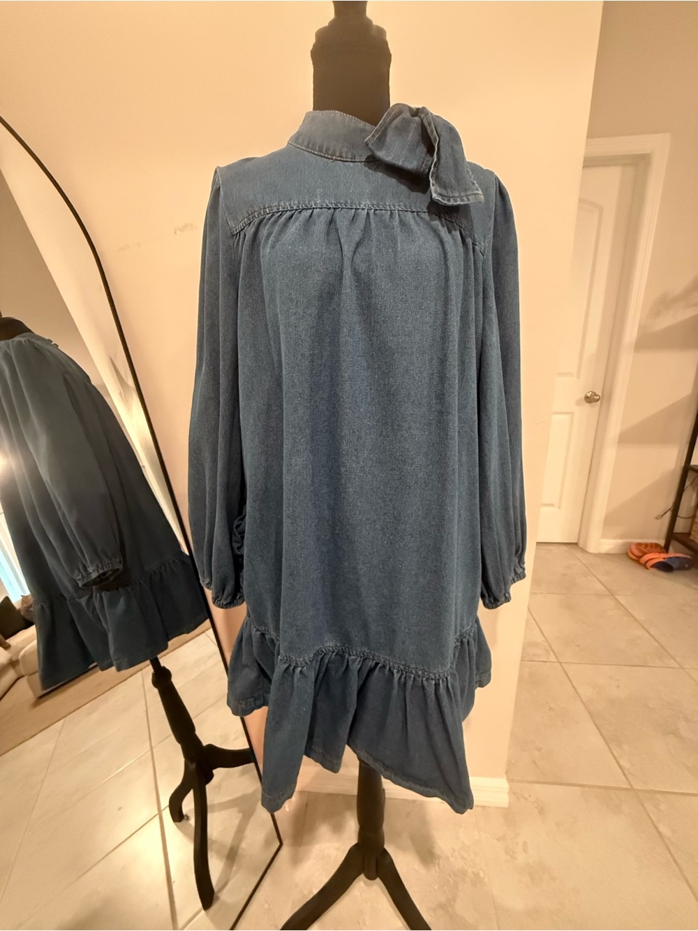 Denim Blue Mini Jean Dress with Neck Tie